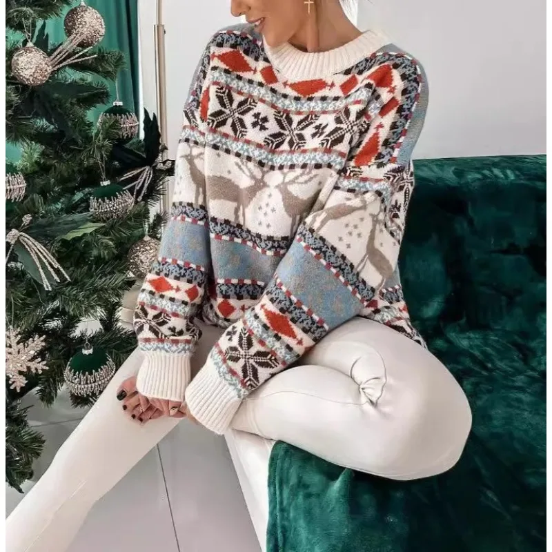 

2025 Knitted Sweater Crew Neck Loose Christmas Theme Jacquard Long Sleeve Women's Sweater