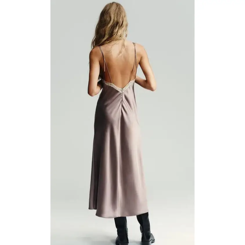 ZBZR Autumn New Women's Bal Silk Satin Feel Strapl Dr ing Ci Commuting Scene Polyester Fiber 00% No Sve