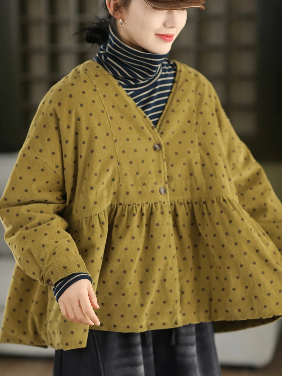 

Thiened Cotton Padded Coat High Waist A-Line Winter Warm Clothes Retro Polka Dot Pure Cotton Quilted Women's Parka Coat