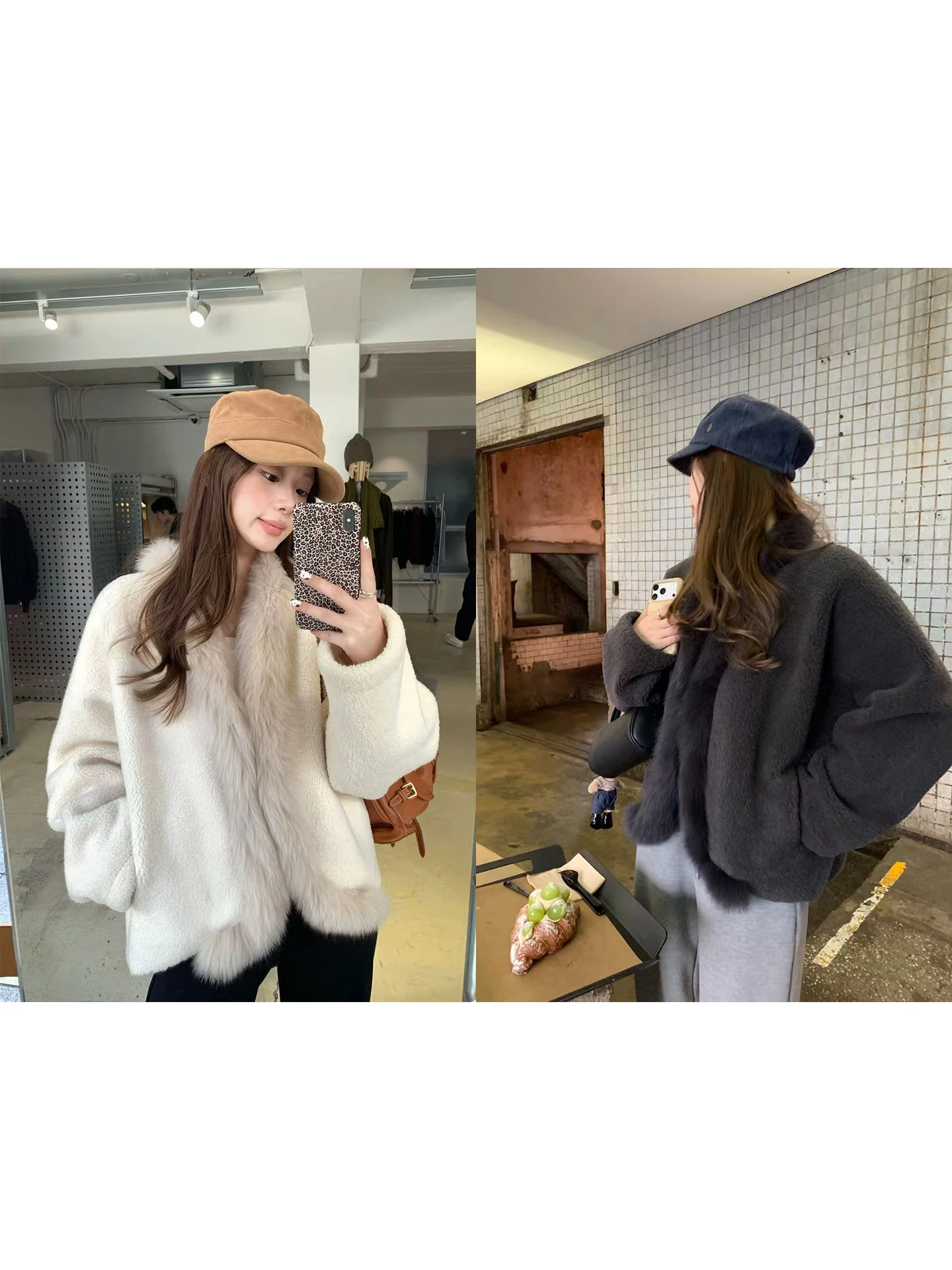 

Съемный воротник из натурального меха на короткой куртке из овечьей шерсти, женская теплая куртка свободного кроя с V-образным вырезом и длинными рукавами, для повседневной носки