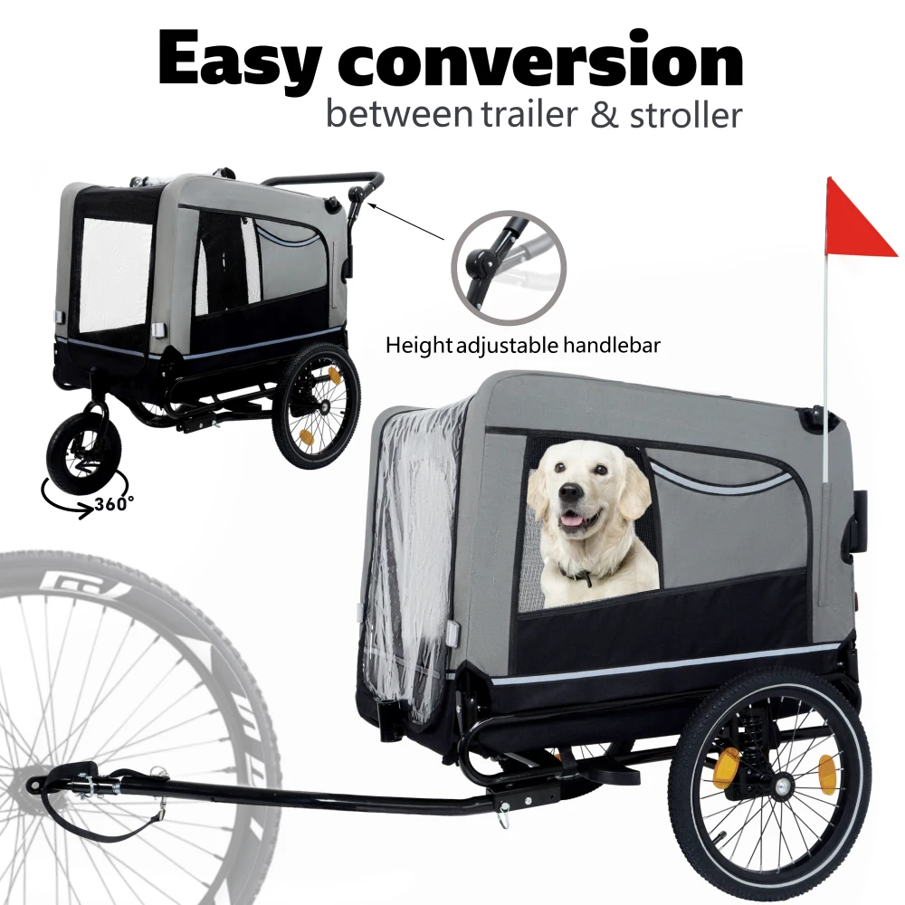 Reboque para Bicicleta para Animais de Estimação Extra Grande 2 em 1/Carrinho de Empurrar - Engate e Alça Destacáveis, Rodas para Todos os Terrenos, 88lbs Preto-Cinza