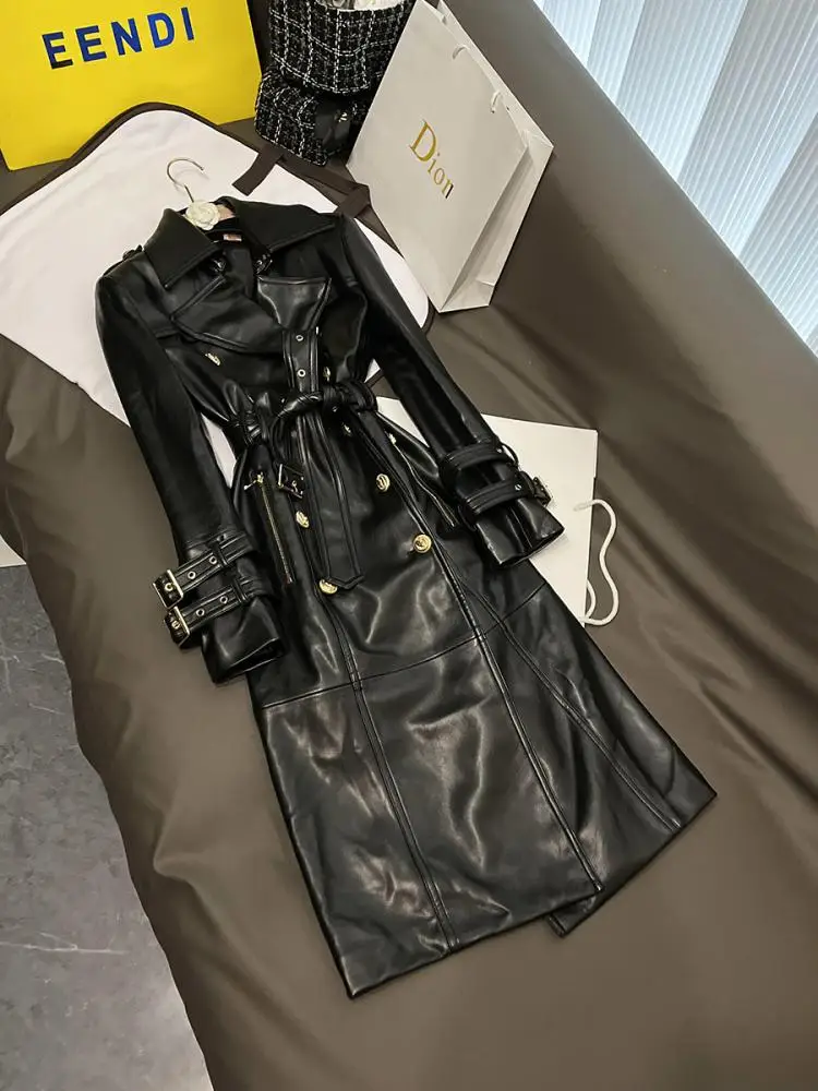 

Winter 2025 Long Leather Coat Double Breasted Belted A79 Ele Star Faion Commute Sle PU Material Long Sve Suit Jaet