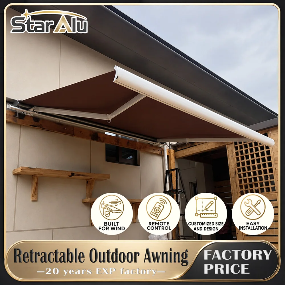 Wholesale Full Cassette Motorized Retractable Awning LED Lighting Electric Folding Arm Waterproof Aluminum Patio Garden Custom