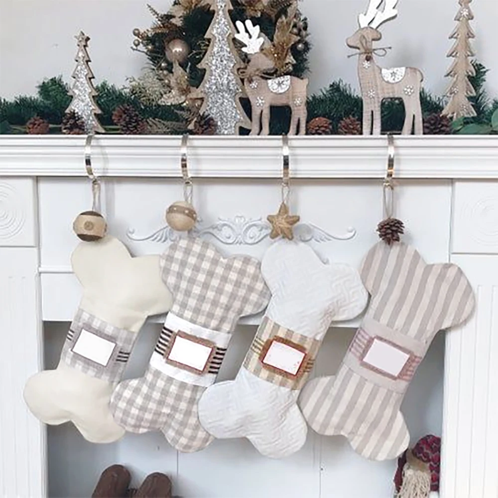 Karierter Haustier-Weihnachtsstrumpf für Hunde, Knochenform, gestreift, wiederverwendbar, Leinwand, personalisierte Hängedekoration