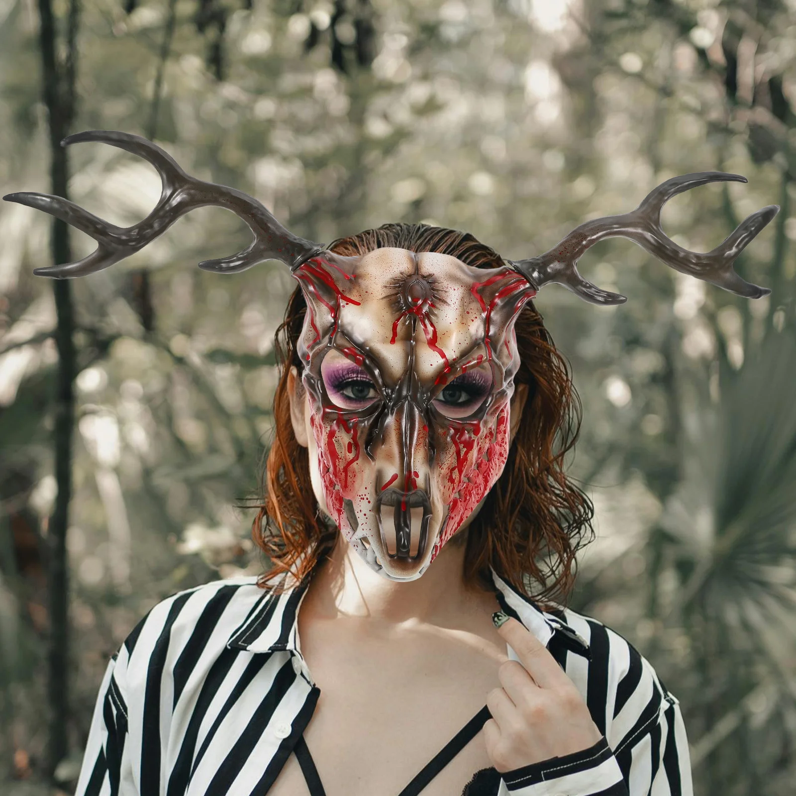 1 Uds. Máscara con cuernos de asta para adultos, cara de ciervo realista, disfraz de mascarada, accesorio para fiesta de Halloween, accesorio de Cosplay desmontable