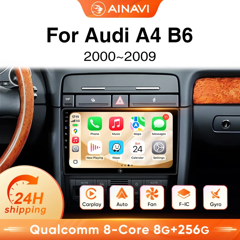 Radio para coche AINAVI para Audi A4 B6 2000 2001 2002 2003 2005 2006 2007 2008 2009, reproductor multimedia inalámbrico para coche con Carplay y Android Auto, GPS, HDMI 1280 * 720, BT 5.0, giroscopio, salida HDMI, control por gestos, ventilador de refrigeración integrado, 2 DIN