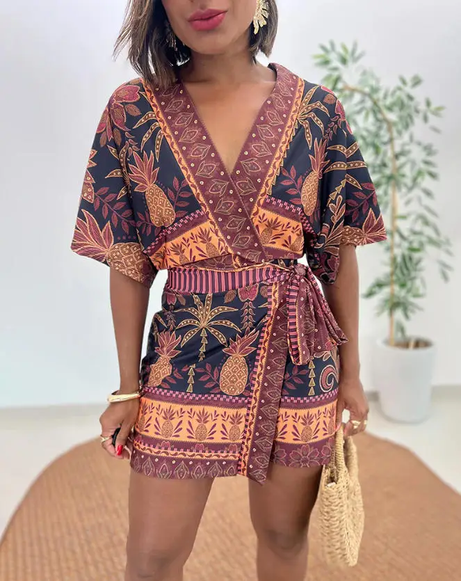 

Jumpsuit Women 2026 Spring Summer New Retro Ropical Printed V-Neck Short Sleeve Wrapped Side Lace Up Casual Daily Romper