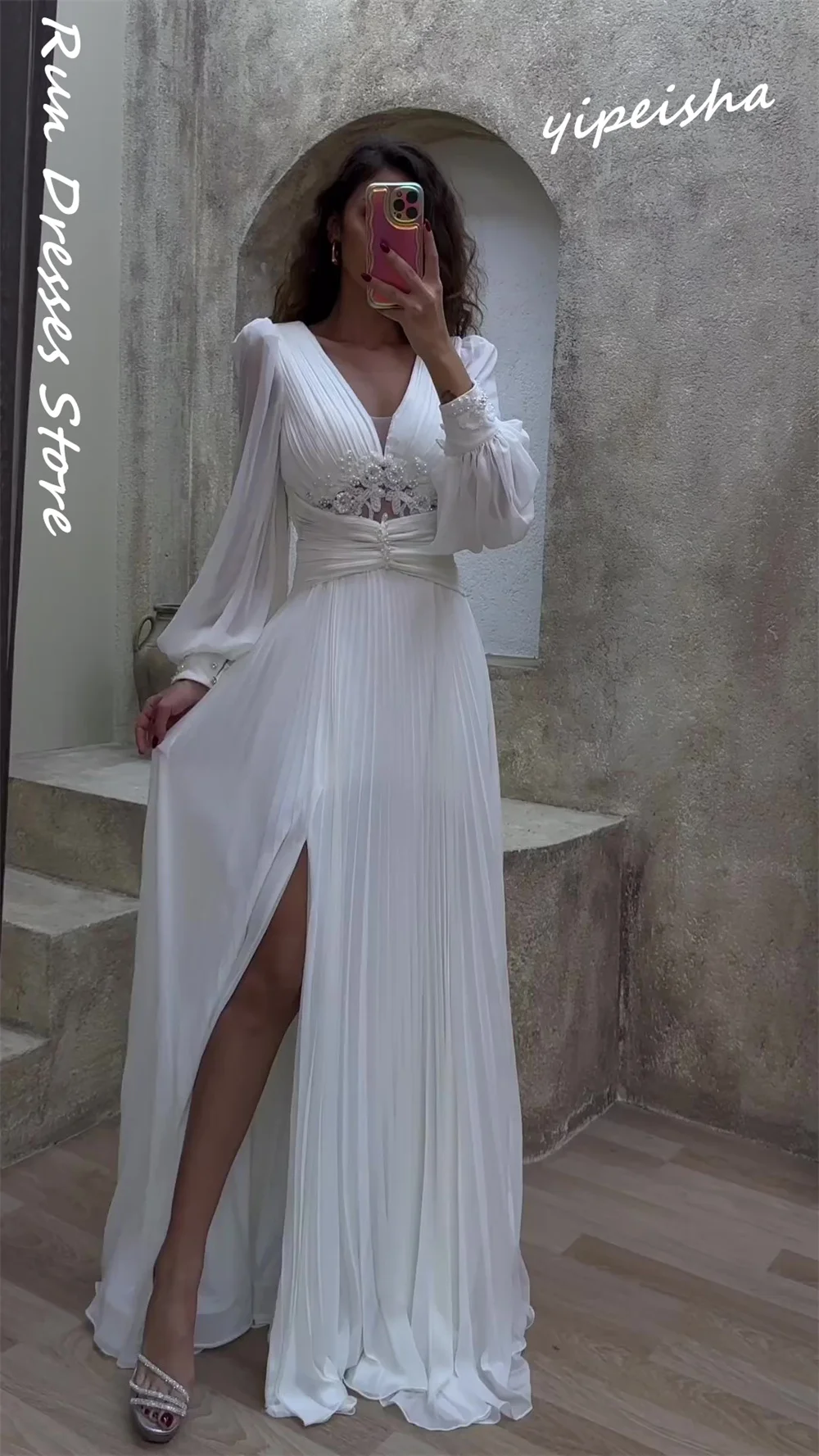 Personalizado elegante com decote em v a linha até o chão vestidos de noite beading chiffon formal ocasião vestido فساتatuuratuurف www