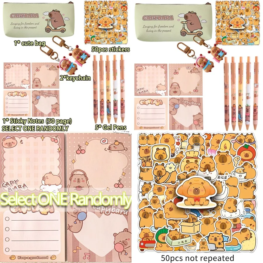 

Kawaii Cute Capybara Stationery Set for School and Office Use: Includes 1 Pencil Case 5 Gel Ink Pens 50 Stickers 1 Sticky Notes