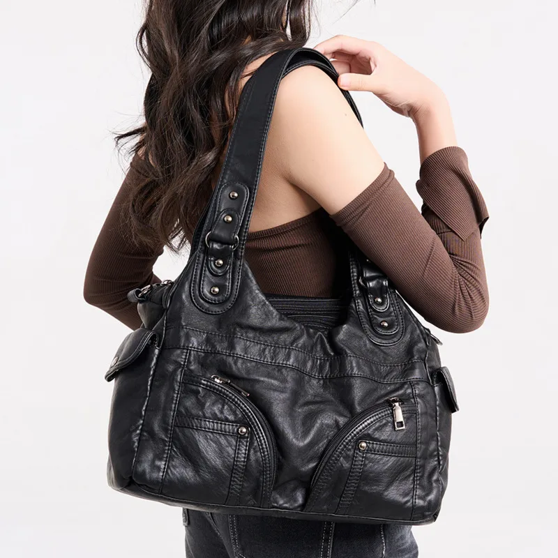 

Y2k Shoulder Bag Women's Multi Pocket Rivet Zipper Bag PU Leather Large Capacity Handbag Street Trend Personality Crossbody Bag