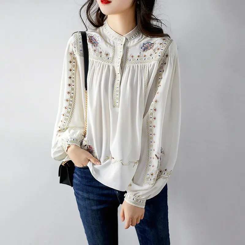 

French Vintage Flowers Patchwork Chiffon Shirt Women Elegant Stand Collar Lantern Sleeve Loose All-match Blouse Tops s557