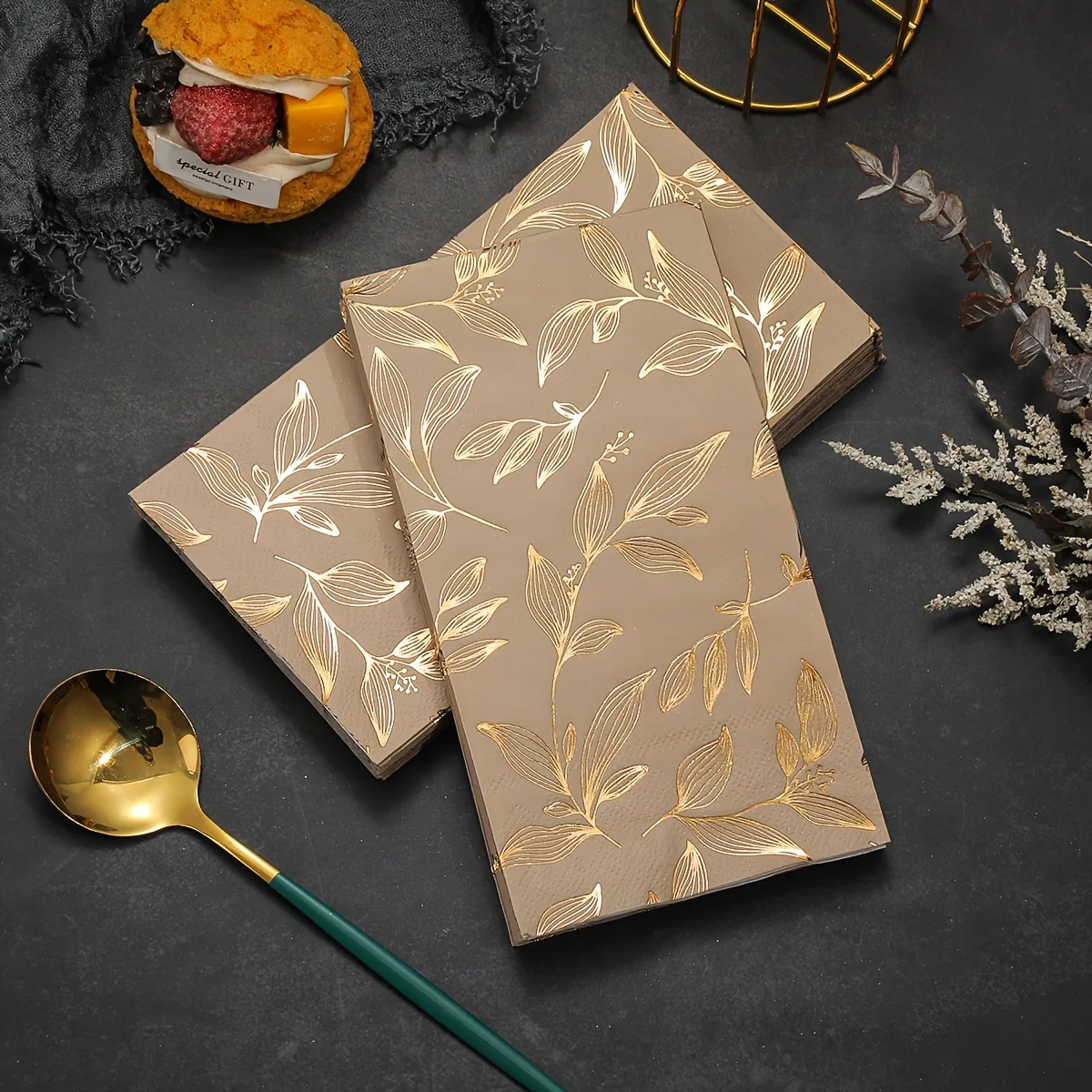 20pcs of Napkins Featuring GoldenAnd Black Printed Leaf Patterns, 2-Ply, Measuring 13X15.75 Inches Perfect for Wedding, Birthday