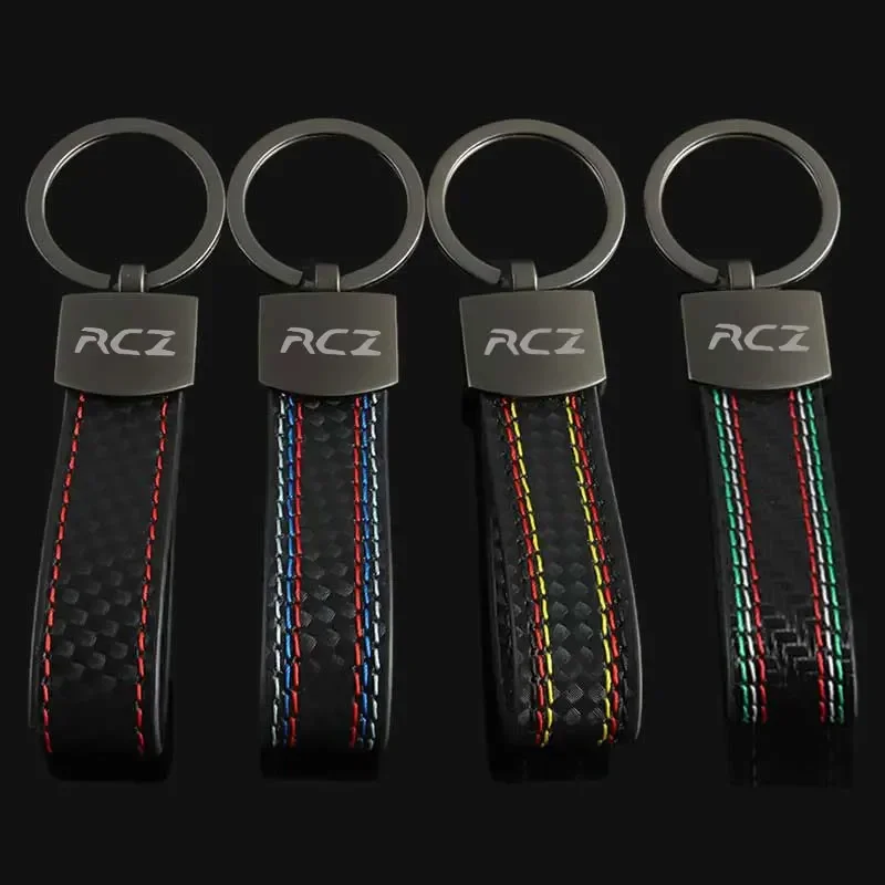 Carbon Fiber Leather Keychains Car Keyring Key Chain Pendent for Peugeot RCZ Logo 406 405 205 3008 206 208 408 508 407 107 307