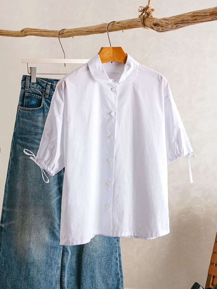 

YongLeap Новинка лета: женская блузка из смесового хлопка с треугольной нашивкой, воротником-стойкой и дизайнерскими бретелями, короткий рукав, деловой стиль.