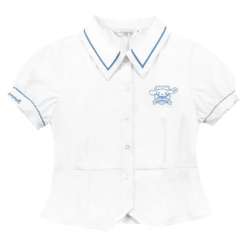 Sanrio New Cinnamoroll JK Uniform Sweet Spicy Waist Close Fashion Puff Sleeve Japanese Shirt Girls Summer Comfort College Style