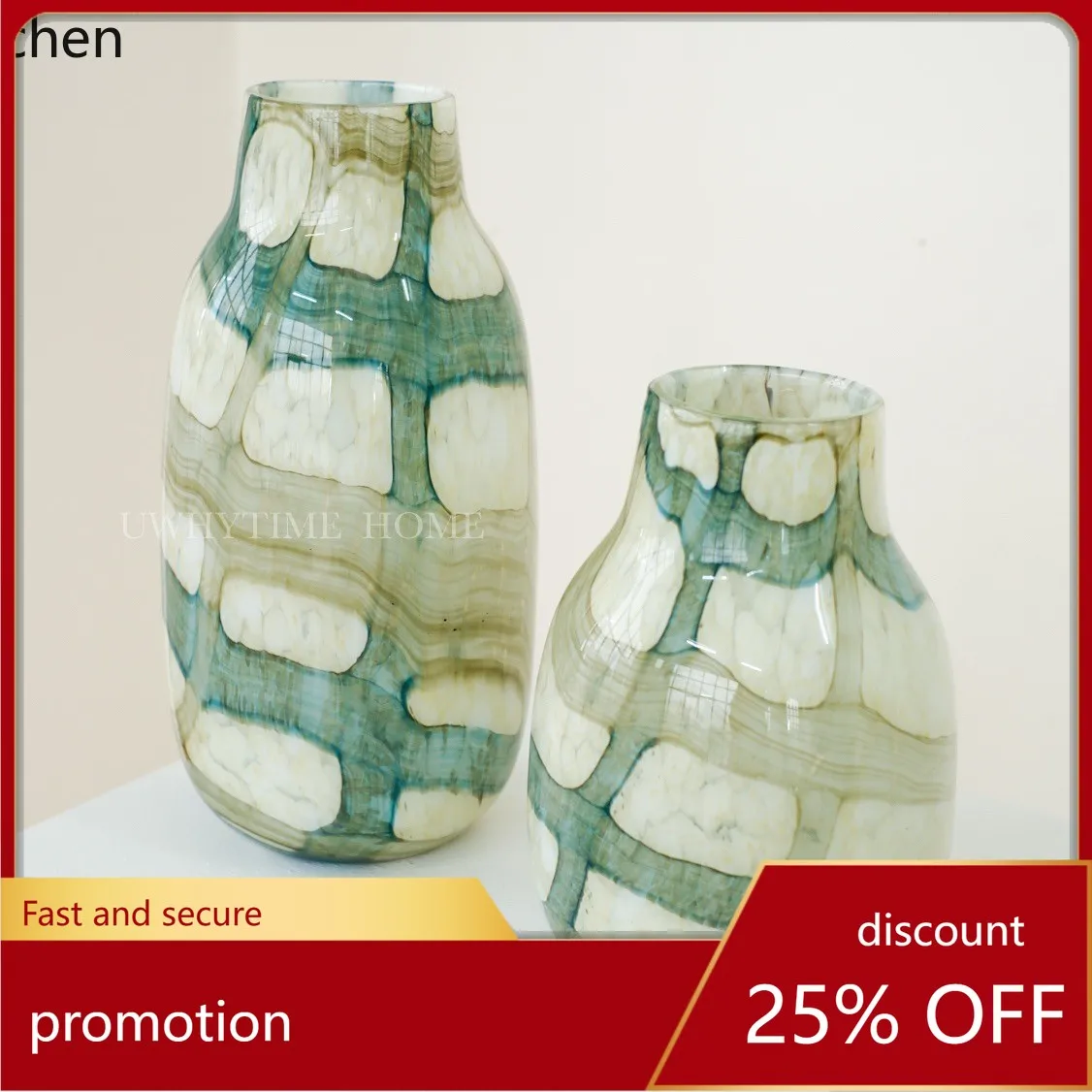 YFY  blue-green textured grid artistic atmosphere glazed vase - new chinese style high-end handmade glass flower vase