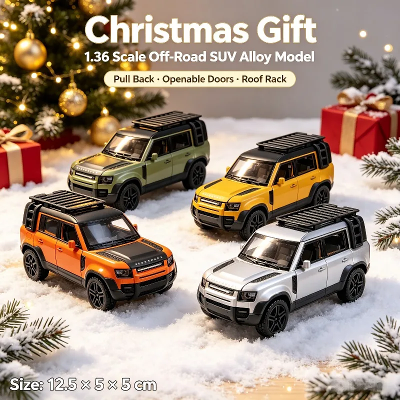 1:36 Off Road SUV Alloy Diecast Model, Pull Back Toy Car, Openable Doors & Roof Rack, Desktop Ornament, Holiday Gift for Boys