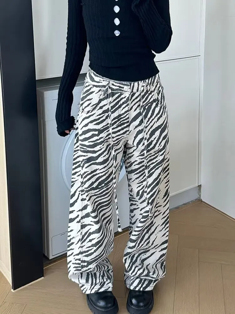 

Женские джинсы Trend с принтом зебры, облегающие широкие брюки, мужские и женские брюки, универсальные контрастные цвета, корейские модные мужские брюки, новинка