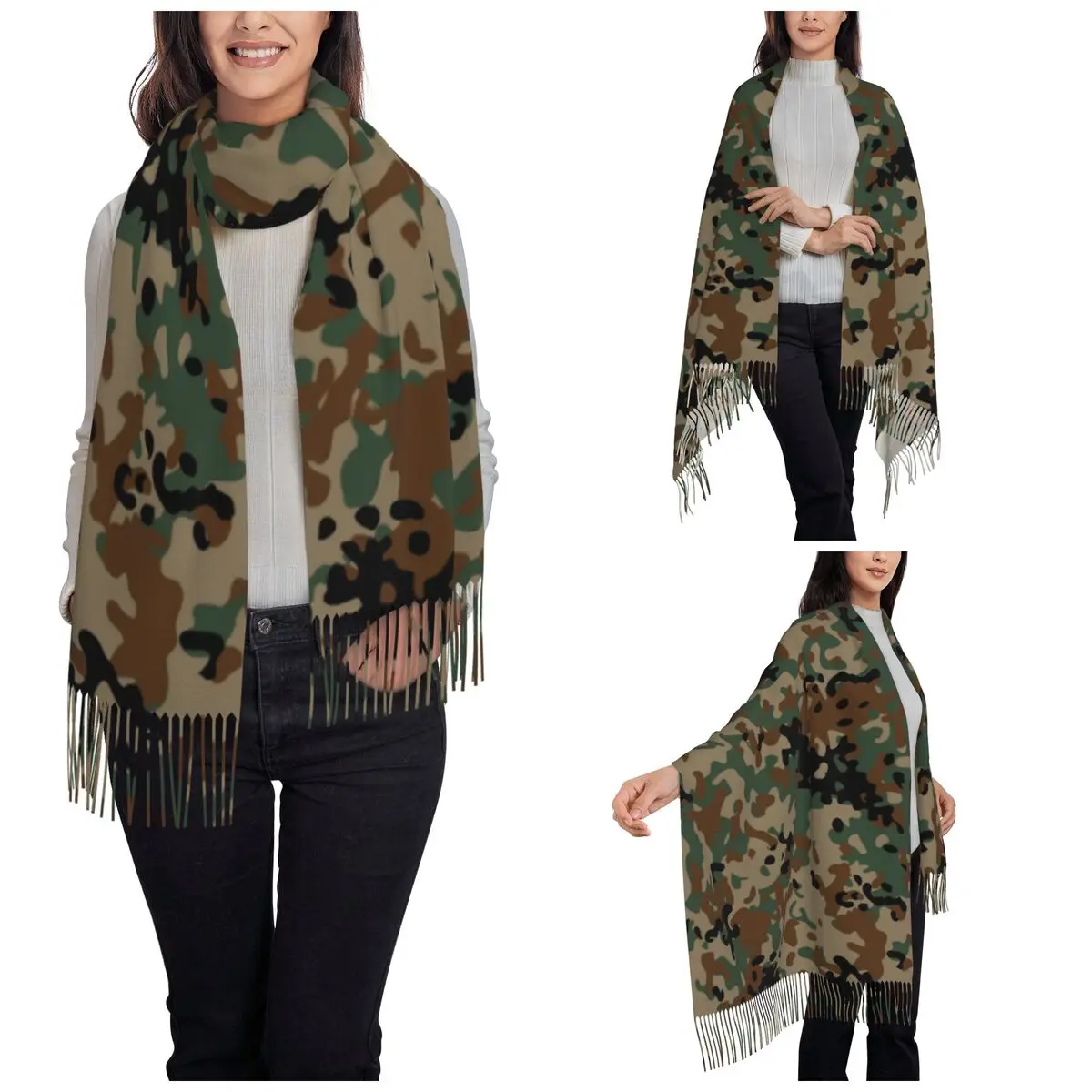 Womens Scarf with Tassel Flecktarn Camouflage Long Winter Warm Shawl and Wrap Camo Gifts Pashmina Scarves