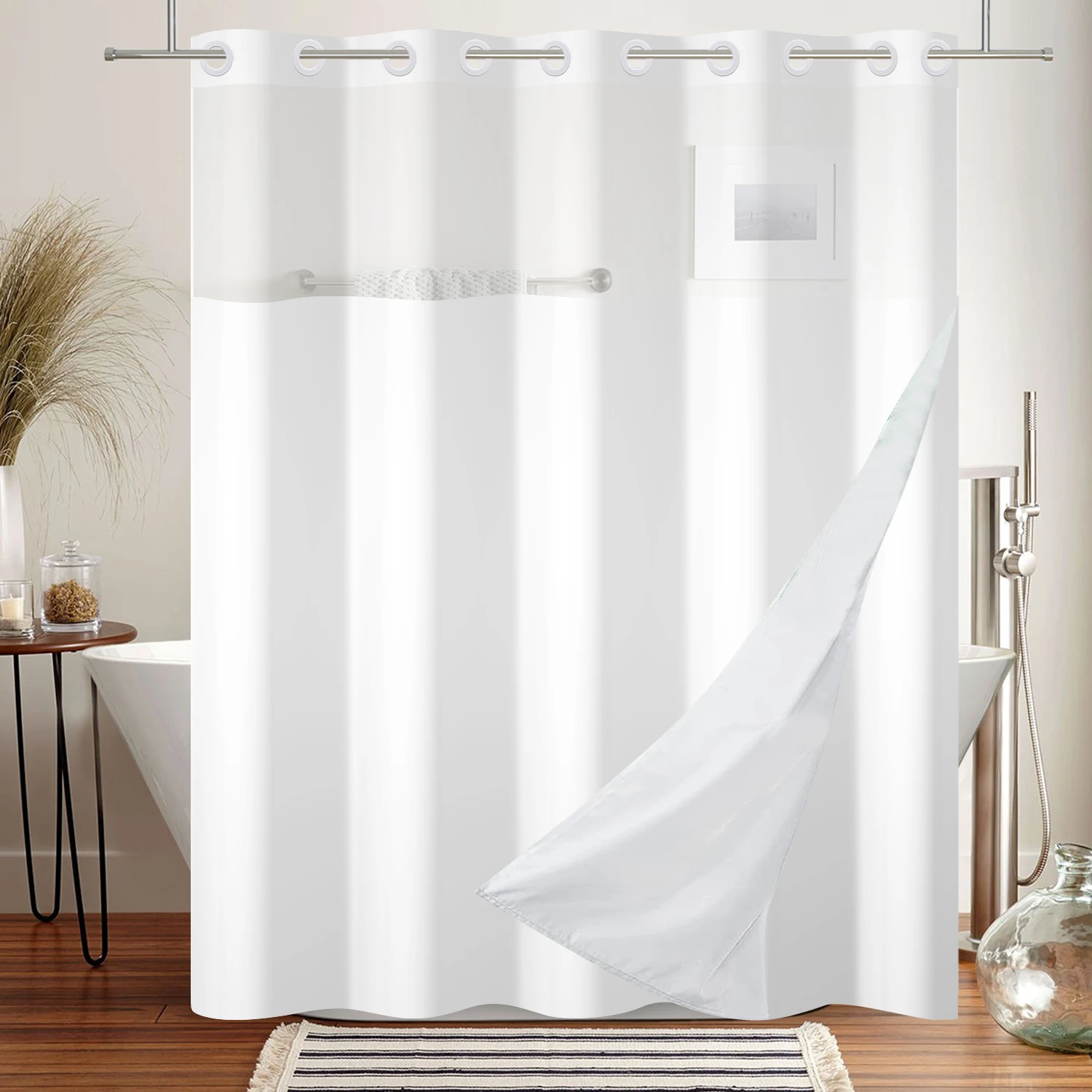 No Hook White Shower Curtain Hotel Grade Fabric with Snap in Liner for Bathroom with See Through Top Window Washable Curtain