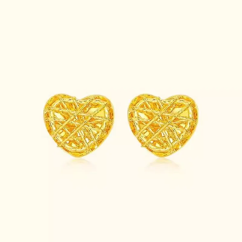 

New 24K Yellow Gold Earrings Gold-plated silver Hollow Heart Stud Earrings