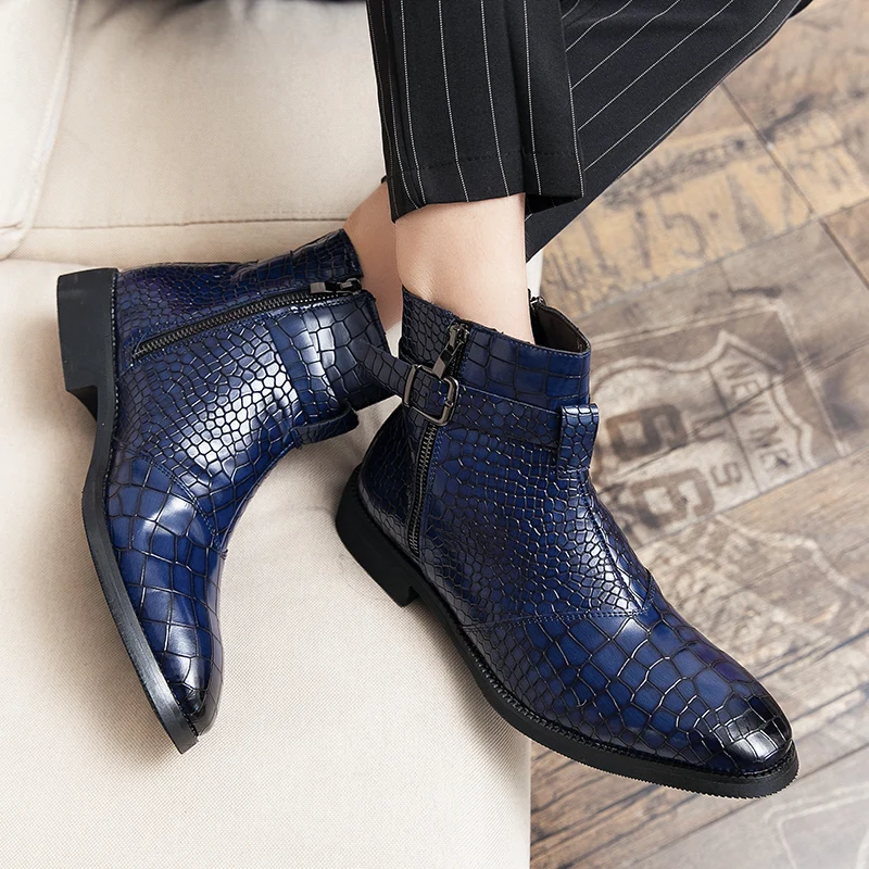 Ankle Boots for Men Blue Black Business Round Toe Zipper Pu Mens Boots Free Shipping Size 38-48 Motorcycle Boots