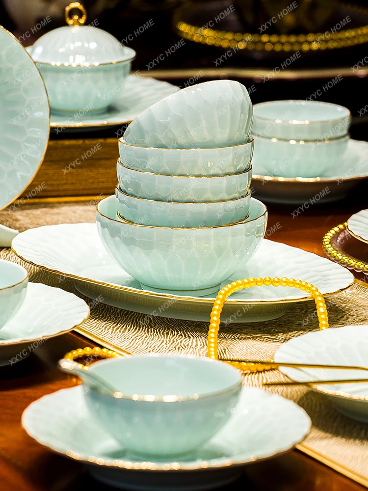 Bowl and Dish Set Household Jingdezhen High-End Celadon Tableware Set Gift Gold-Edged Bowl Plate