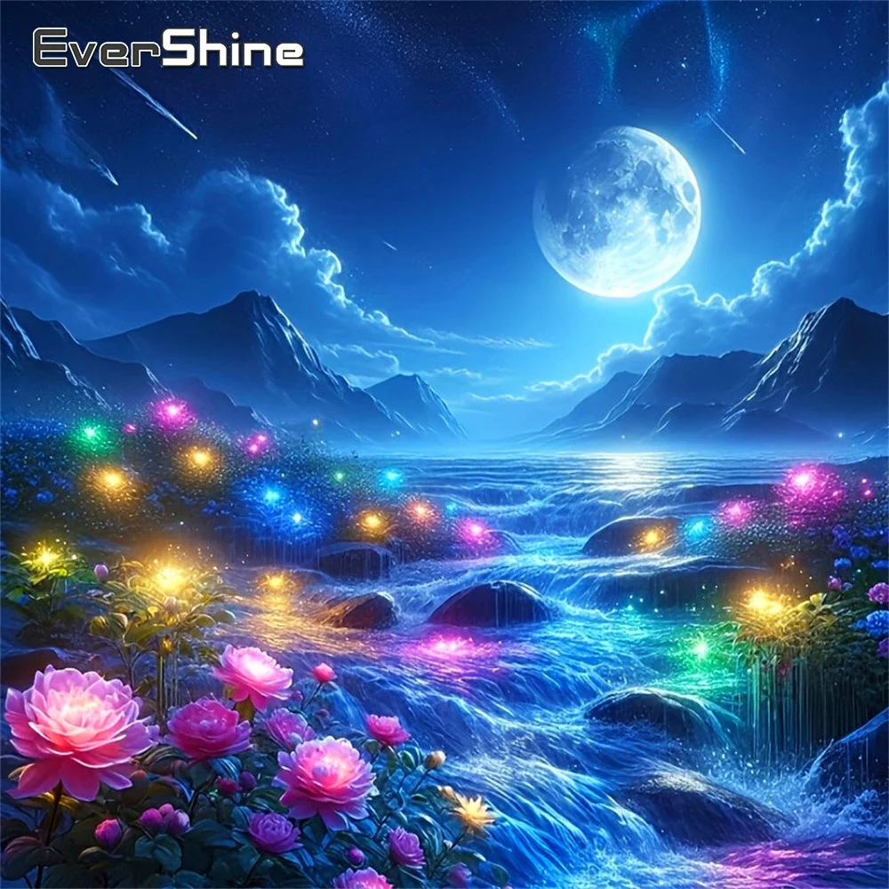 Evershine Diamant-Mosaik Landschaftsbild mit Strass-Malerei, Berglandschaft, Vollquadrat-Stickerei, Mond-Wandkunst
