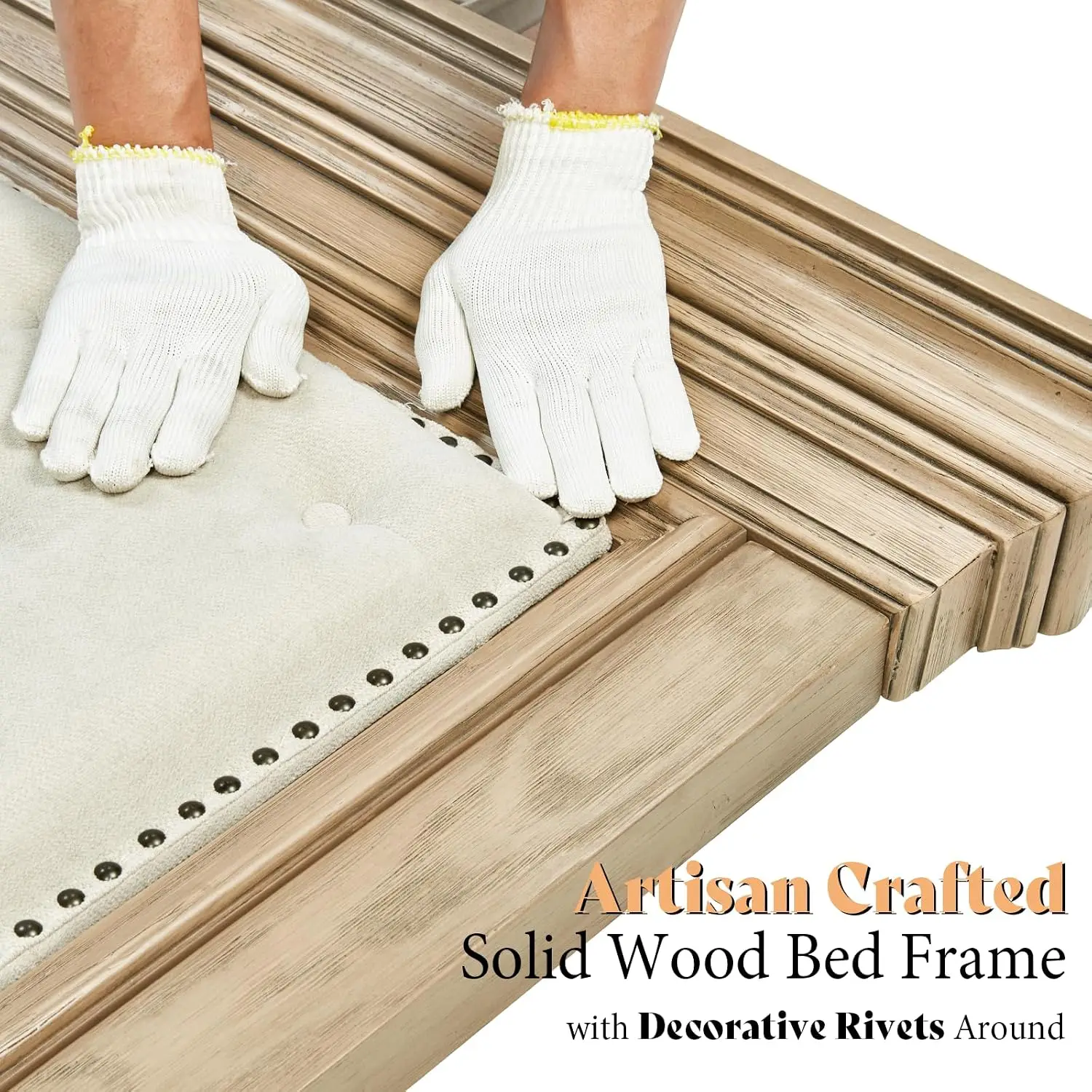Solid Wood King Size Bed Frame with 68" Upholstered Headboard, Custom view 6