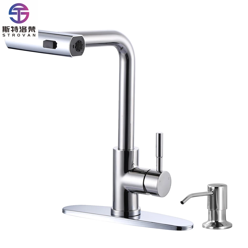 

Modern Kitchen Mixer Tap Waterfall Kitchen Faucets with Pull Down Sprayer&Soap Dispenser in Chrome,Stainless Steel Sink Faucet