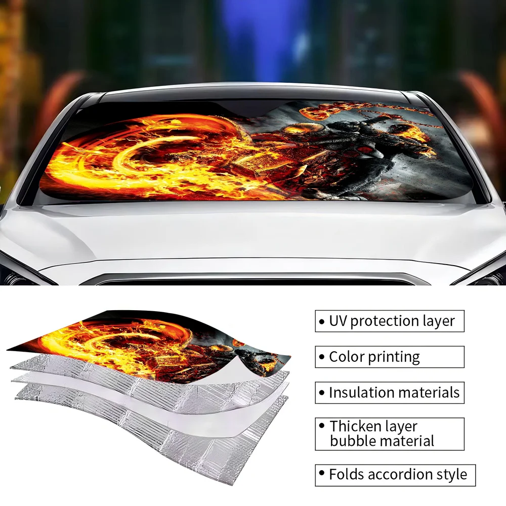 New Horror G-ghost Rider Car Windshield Funny Sun Shade Foldable UV Ray Sun Visor Protector Sunshade For Front Window view 2