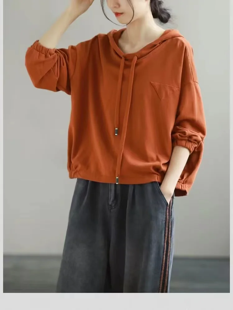 Cotton Shirts for Women Vintage Solid Lace-up Hooded Sweatirt Korean Style Loose Fit Blouses Coats Spring Autumn Top Commute
