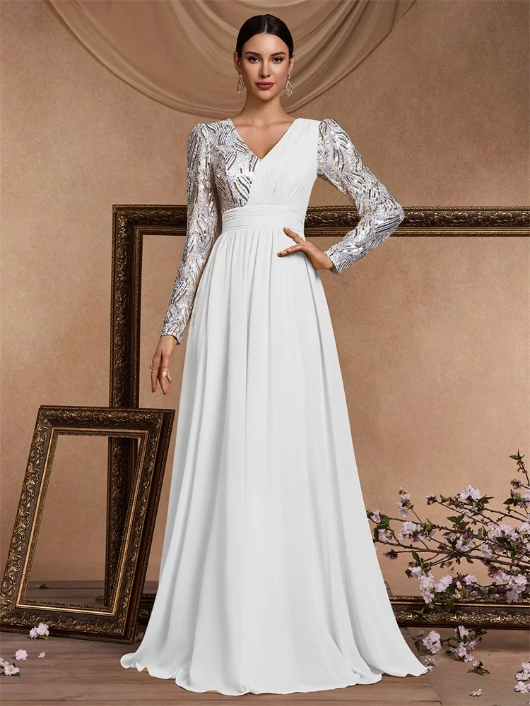 XUIBOL Luxury White Chiffon Long Sleeve Evening Dresses Women Sequin Blue Wedding Party Cocktail Prom Floor Lenght Gowns