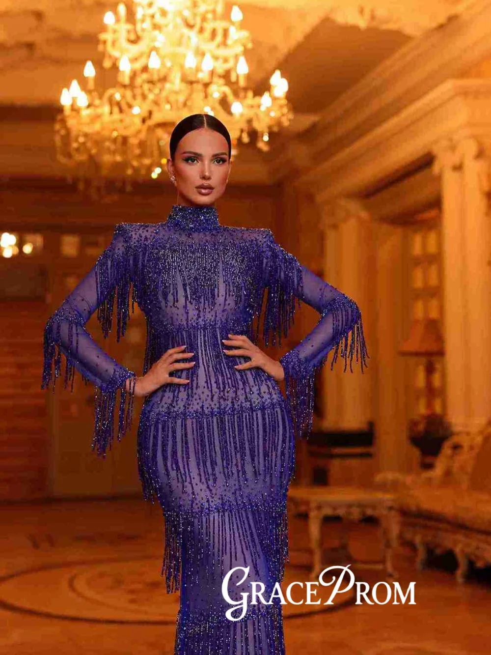 Vestido de noche con borlas y cuentas de color azul real, impresionante ilusión, vestido de fiesta de boda de sirena, vestidos de banquete elegantes personalizados con cuello alto