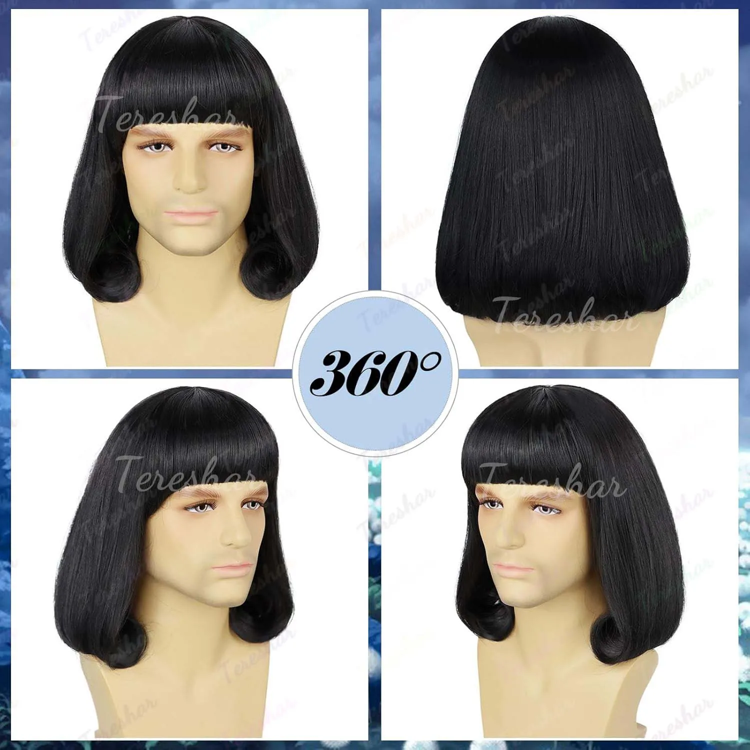 الاصطناعية للجنسين الأسود مستقيم الوجه في قصيرة الانفجارات الكاملة واقعية هالوين تأثيري بوب شعر مستعار مع الانفجارات لورد فاركواد شعر مستعار #2