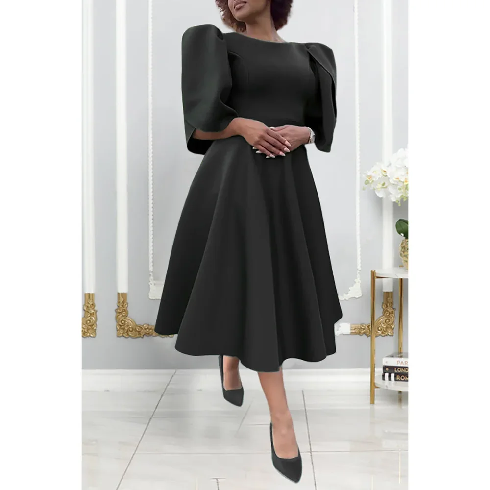 Vestido preto A-Line Bubble Sleeve Midi, elegantes vestidos formais, Swing A-Line, Plus Size