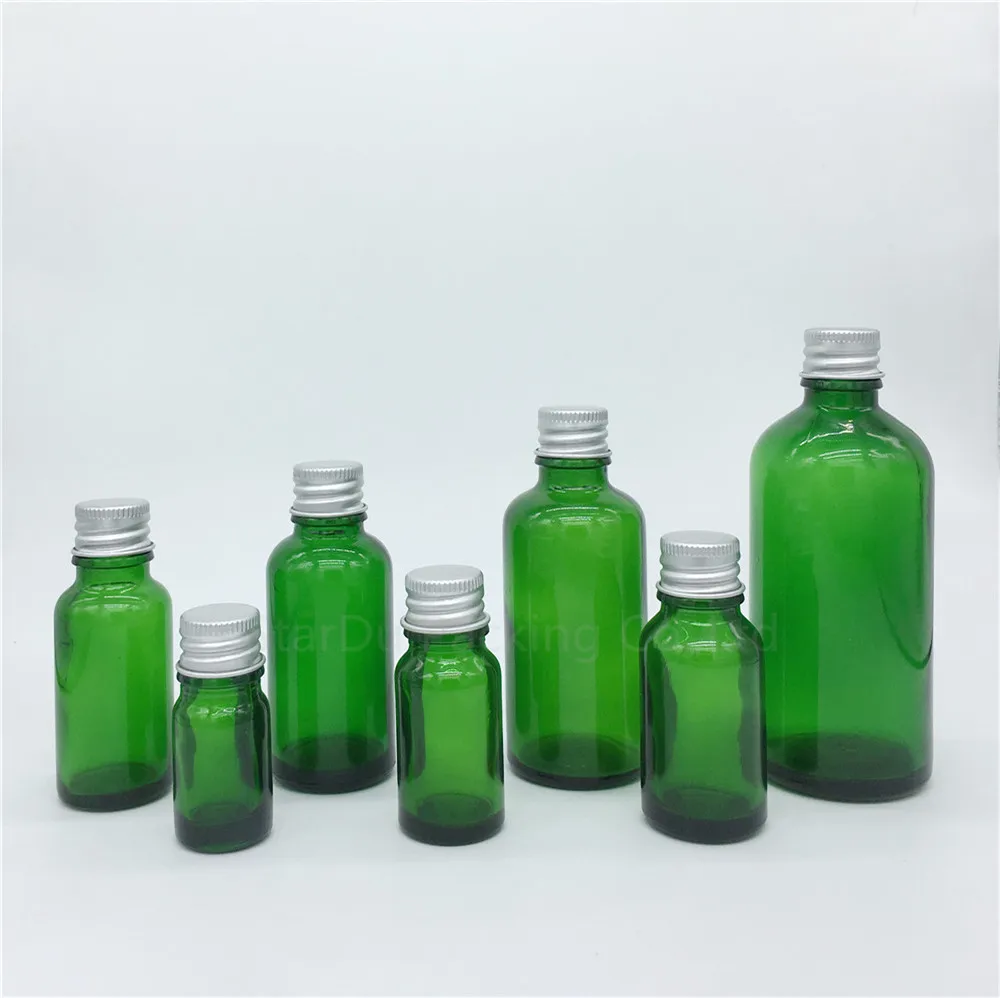 Flacons en verre vert avec couvercle en aluminium, flacons d'huile essentielle, parfum HI, 5ml, 10ml, 15ml, 20ml, 30ml, 50ml, 100ml, 100 pièces