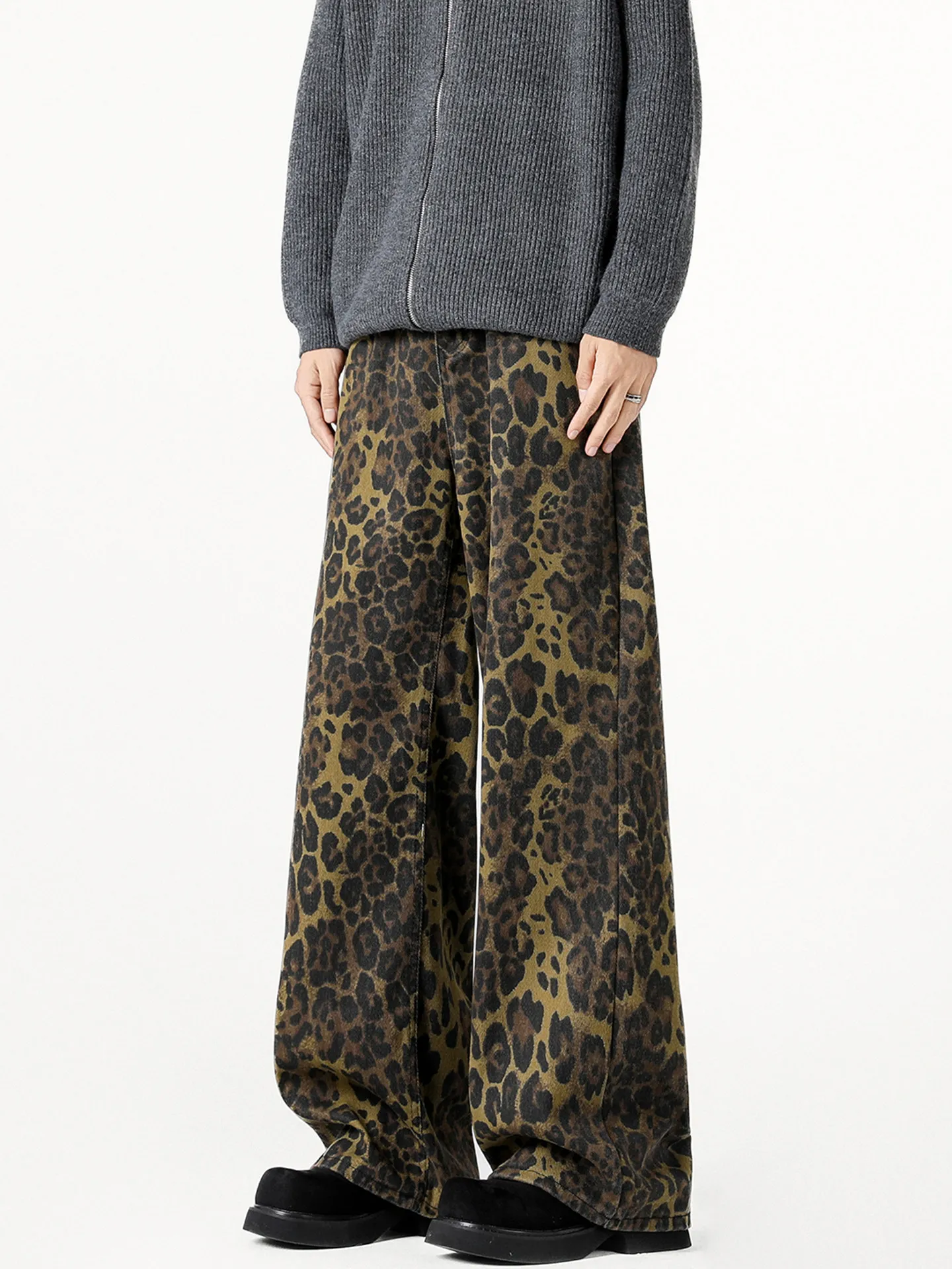 American Street Style Leopard Print Jeans Autumn Casual Fashion Retro Loose Men Wide Leg Trendy Denim Pants