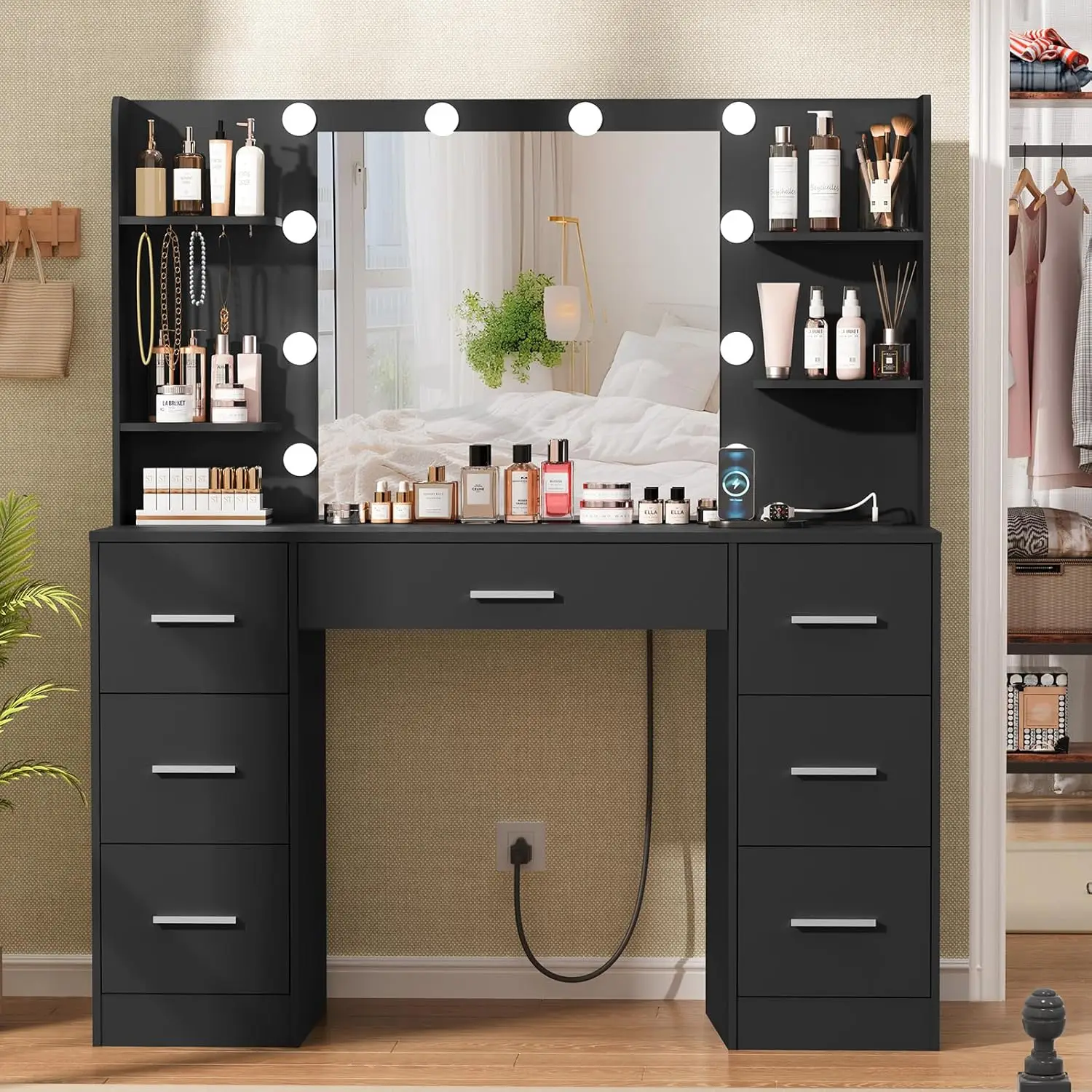 Large Vanity Desk with LED Lighted Mirror & Power Outlet,Makeup Vanity Table with 7 Drawers,4 Shelves and 5 Hooks,Vanity Table