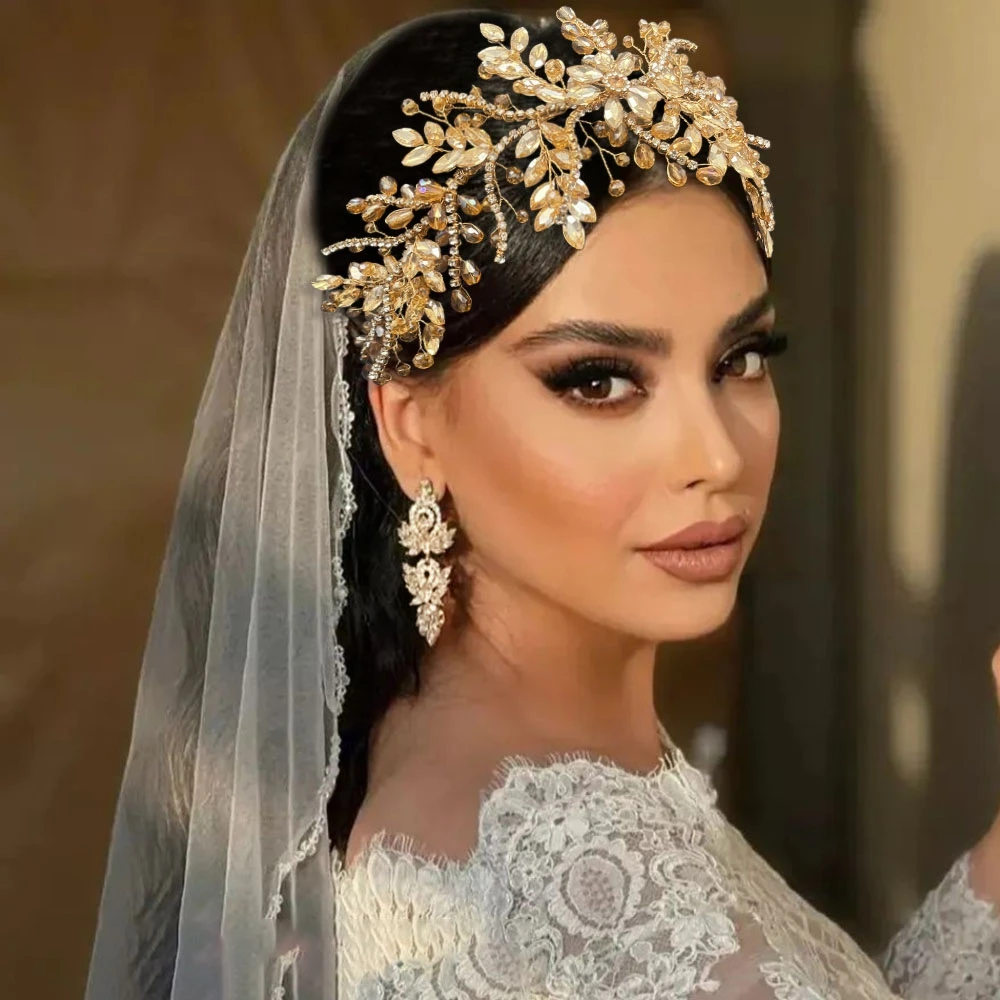 

DZ273 Bridal Champagne Crystal Hair Vine Full Rhinestone Wedding Headband Hair Accessories for Bride Large Crystal Headpiece