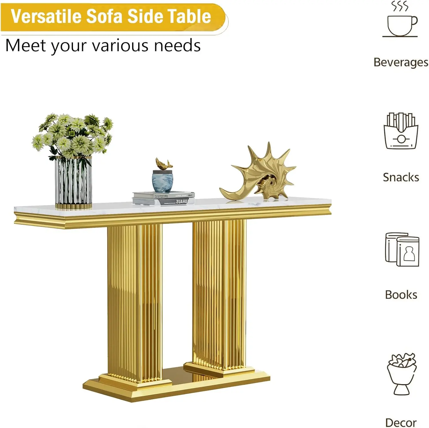 Mesa de console de mármore falso de 47 polegadas com base de aço inoxidável do pilar, mesa estreita retangular do sofá do acento da parte superior de mármore branco