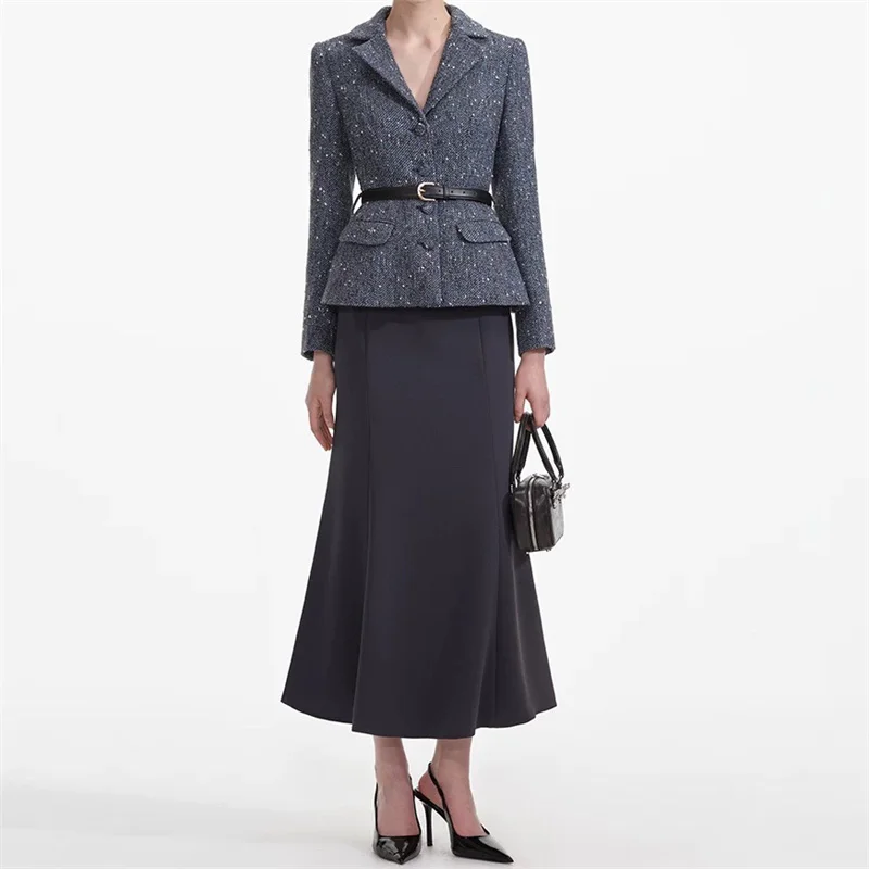 Womens dresses Spring 2025 New in Fake Two Piece Splicing Long dress wool blend Suit Midi dresses waist belt slim fishtail skirt