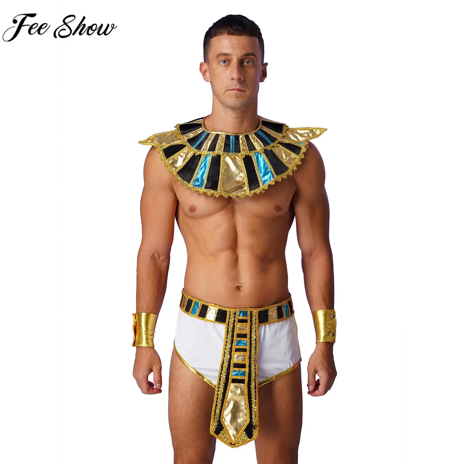 

Men Halloween Egyptian Pharaoh King God Cosplay Costume Cutout Low Rise Skirt with Collar Belt Cuffs for Ancient Egypt Role Play