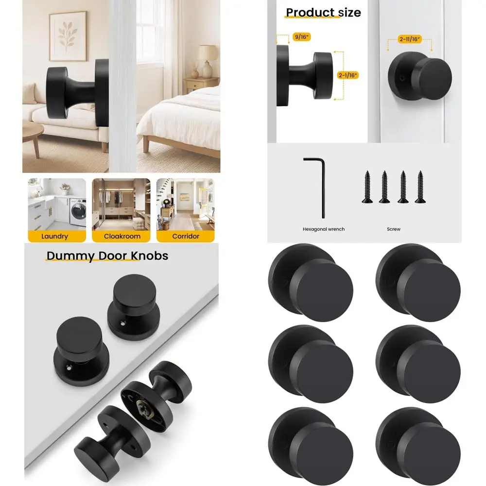 

6-Pack Matte Black Dummy Door Knobs, Heavy-Duty Zinc Alloy, No-Turn Interior Door Knobs for Hallway