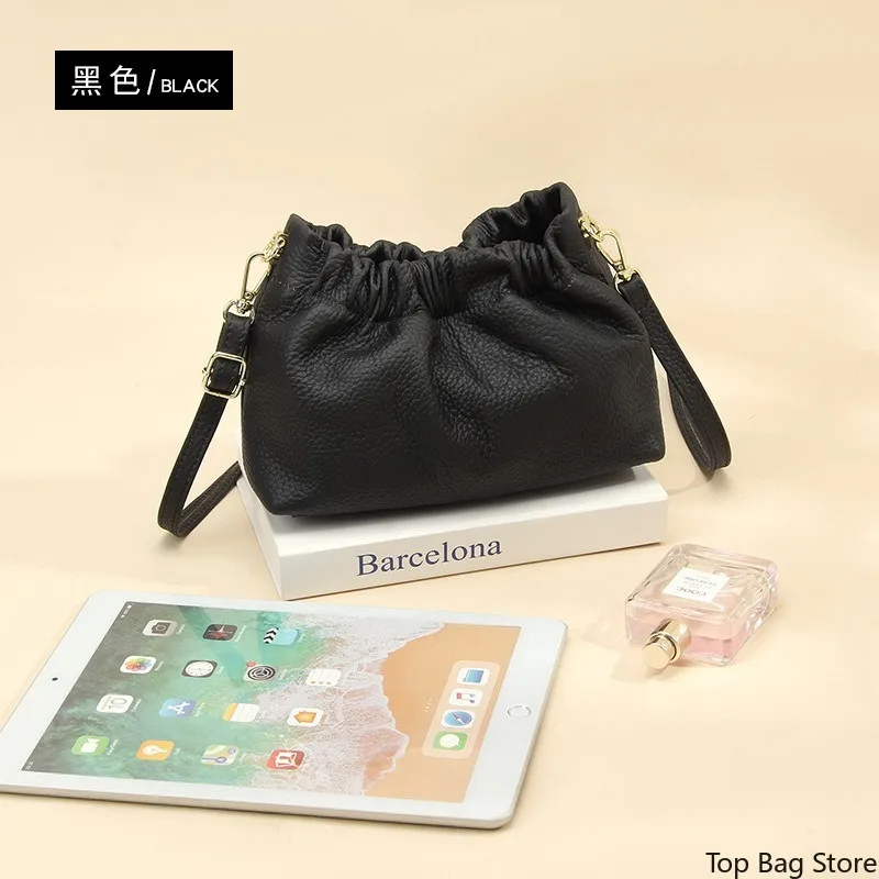 Elegant Everyday Soft Draped Bucket Bag for Women Genuine Leather Shoulder Bag Convertible Strap Spacious Luxury Handbag