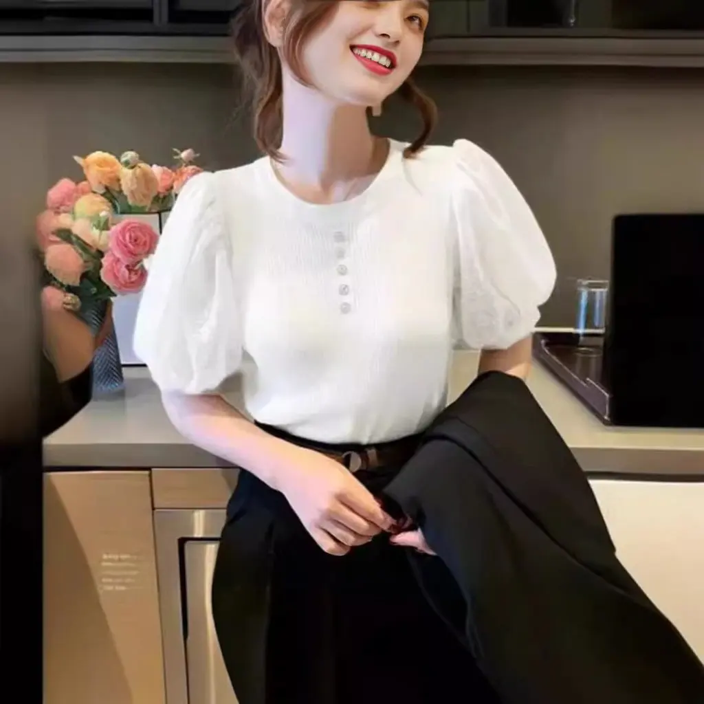 

Women's Summer Ice Cool Silk Screen Yarn Stitching Short Sleeve Sweater Thin Bubble Sleeve Top T-Shirt Fashionable Temperament