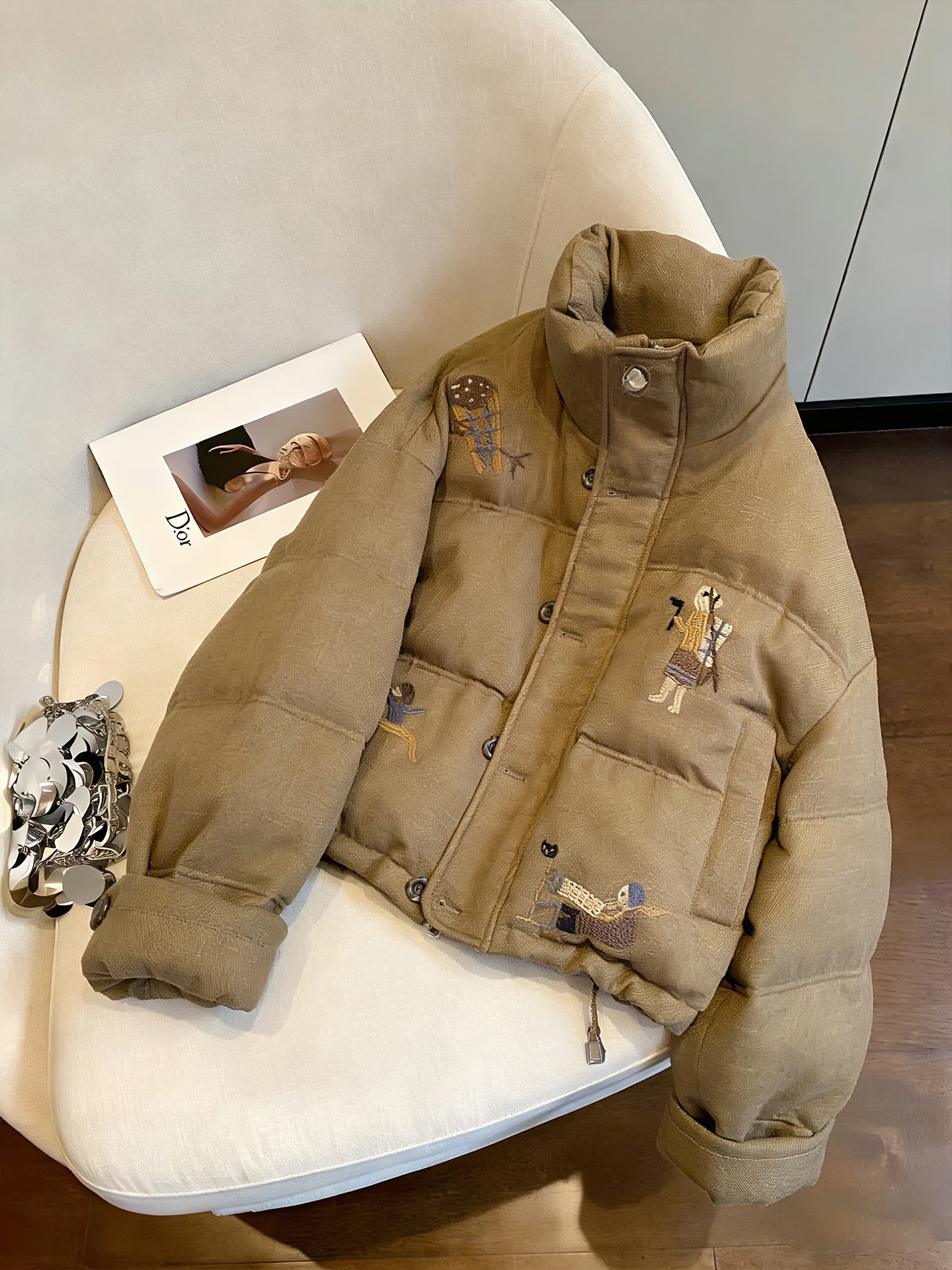 

Женская хлопковая куртка свободного кроя с воротником-стойкой и забавным мультяшным принтом в стиле ретро, теплая осенне-зимняя верхняя одежда с эффектом похудения