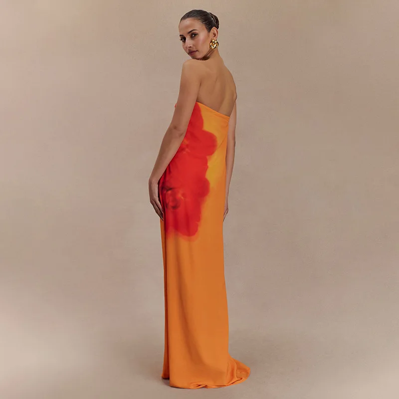 Euro-amerikanisches, trägerloses, ärmelloses, locker sitzendes Maxikleid mit offenem Rücken und Blumenmuster für Damen