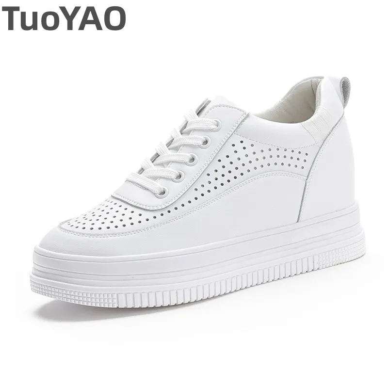 

7cm Genuine Leather Platform Wedge Chunky Sneakers 9cm Hidden Heels Casual Breathable Spring Summer High Brand Vulcanize Shoes