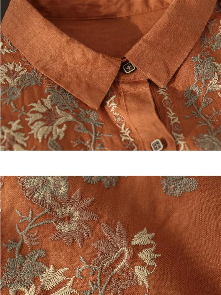 البلوزات الرجعية للنساء قميص وطني القطن قميص كتان فضفاض مطرز بلوزة التلبيب كم طويل سترة قمصان الإناث